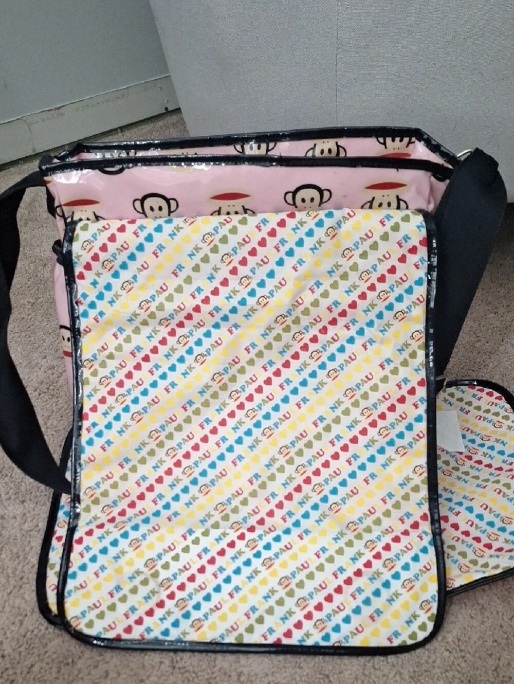 Y2K Vintage Paul Frank Pink Monkey Print Diaper Bag, Changing Pad, 2 Blankets